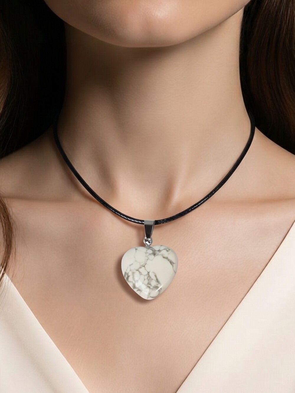 Natural Howlite Stone Heart Pendant Necklace Adjustable Wax Cord Crystal Boho